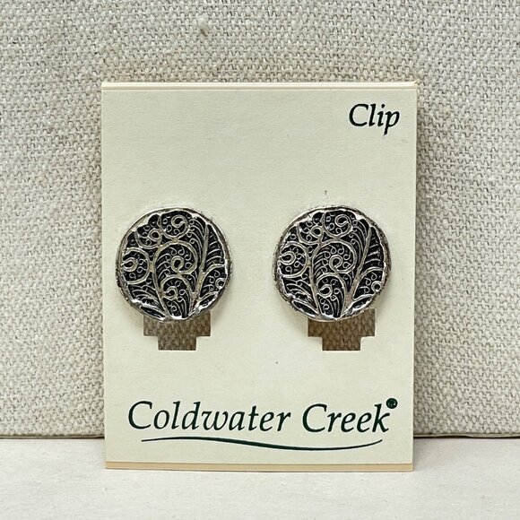 Coldwater Creek Clip On Earrings Abstract Filigree Swirl Round Silver-Tone - Picture 1 of 6